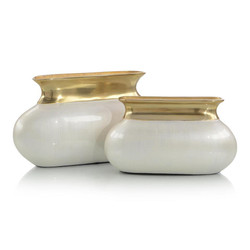 Set of Two Champagne White and Gold Aluminum Vases
