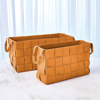 Global Views Soft Woven Rectangular Leather Basket - Orange - Lg
