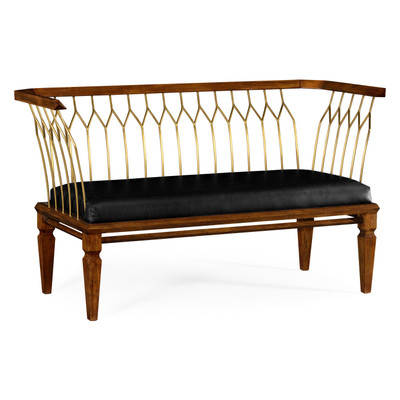 Jonathan Charles Camden Contemporary Walnut & Brass Bench, Upholstered In Black Leather