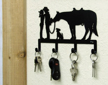 Cowboy Cowgirl Horse Dog Key Holder Western Metal Art Rustic Lodge Decor 
