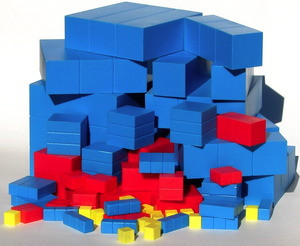 An individual set of Fair Lands™ blocks consists of an individual set of Two Land blocks consisting of 8 unit cubes, 5 longs, 4 flats, 3 super cubes, 3 super longs, 3 super flats, and 1 mega cube (27 blocks total) from 1 cubic centimeter to 4 cubic centimeters by doubling and an individual set of Three Land blocks consisting of 10 unit cubes, 6 longs, 5 flats, 5 super cubes, 5 super longs, 5 super flats, and 1 mega cube (37 blocks total) from 1 cubic centimeter to 9 cubic centimeters by tripling.