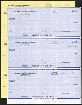 Our 3-Up Laser Checks are designed to be compatible with your QuickBooks software. These are for use when no vouchers (stubs) are necessary. 

These Duplicate style 3-Up Laser Checks come with a yellow second sheet for your bookkeeping needs.  You can also choose to have us print your 3-Up Laser Checks with or without lines.

If you would like to customize your business checks with your business logo, we can do that too! Simply go to the Logo page and follow the instructions.

You might also like the convenience of using our Quickbooks Compatible Double Window Envelopes. Please go to the Double Window Envelopes page for further details.

All of our 3-Up Laser Checks are loaded with the latest in Security Features. For further details, please see our Security Features page.