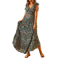 Floral Long Skirt Sleeveless Tops Suit Set