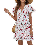 Women's Deep V-Neck Ruffle Mini Swing Skater Dress