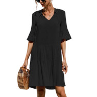 Womens Elegant V-Neck Casual Bell Sleeve Dress