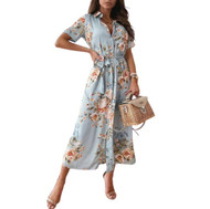 Women Boho Summer Deep V Neck Short Sleeved Maxi Dress with Belt
