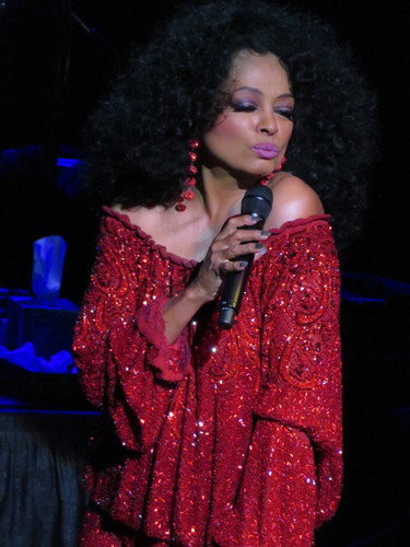 Diana Ross in red dress pouting in concert holding microphone 8x12 inch ...
