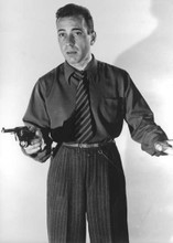 Humphrey Bogart in dark shirt & tie pointing gun 5x7 inch photo