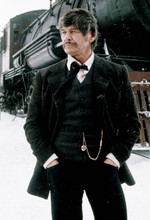 Charles Bronson, posing by steam locomotive from Breakheart Pass 4x6 photograph