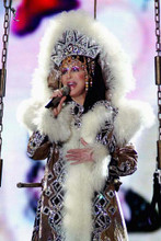 Cher sings on stage wearing white fur trimmed outfit 4x6 inch real photograph