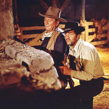 Sons of Katie Elder John Wayne Dean Martin wait with guns in barn 12x12 photo