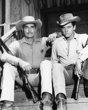 Lawman John Russell Peter Brown sit on steps with rifles 12x18  Poster