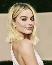 Margot Robbie beautiful smiling pose in off-shoulder white dress 12x18  Poster