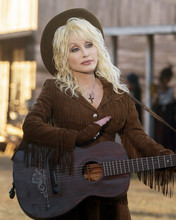 Dolly Parton poses with guitar in fringed western jacket & hat 12x18  Poster