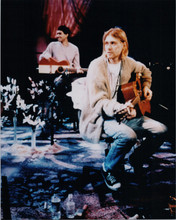 Curt Cobain seated on chair playing guitar unplugged 8x10 photo in studio