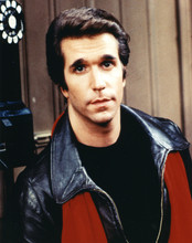 Happy Days Henry Winkler as Fonz in black leather jacket & red scarf 8x10 photo