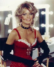 FARRAH FAWCETT BUSTY POSE IN SEXY RED BASQUE AND BLACK GLOVES 8X10 PHOTOGRAPH