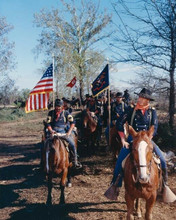 The Horse Soldiers John Wayne leads Cavalry posse on horseback with flags 8x10