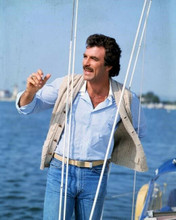 Tom Selleck aboard boat in waistcoat & jeans as Magnum 8x10 photo