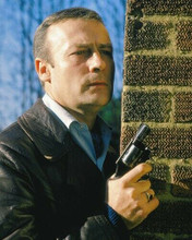 Edward Woodward in leather jacket holding gun as Callan 1970's 8x10 inch photo