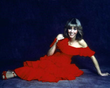 Olivia Newton-John smiling posing in red dress and shoes studio floor 8x10 photo