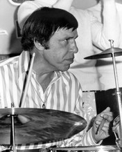 Buddy Rich plays his drums in concert wearing striped shirt 8x10 inch photo