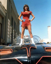 Batman 1966 TV series Yvonne Craig in red tunic & boots stands on Batmobile 8x10
