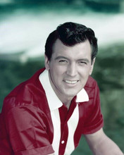 Rock Hudson striking 1950's handsome smiling portrait in red shirt 8x10 photo