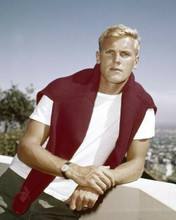 Tab Hunter pin-up portrait in white t-shirt red sweater around shoulders 8x10