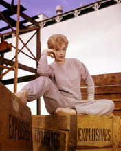Stella Stevens poses barefoot wearing sweat shirt & pants on dynamite box 8x10
