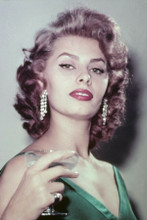 Sophia Loren holds glass of champagne wearing green dress 8x10 inch photo