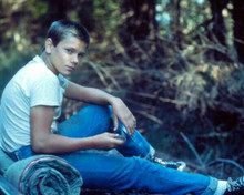River Phoenix in t-shirt & jeans seated in woods stand By Me 8x10 inch photo