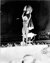 Jayne Mansfield on stage in Vegas in leopard spot bikini holding ball 8x10 photo