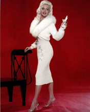 Jayne Mansfield wears white dress & fur full length studio pose 8x10 inch photo