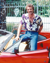 Tom Selleck in Hawaiian shirt sits on his Ferrari 308 Magnum TV 8x10 inch photo