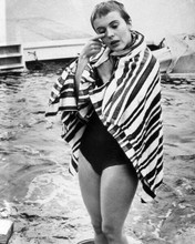 Jean Seberg in black swimsuit with towel around shoulders 8x10 inch photo