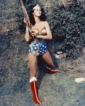 Lynda Carter as Wonder Woman using belt to climb up rock face 8x10 inch photo