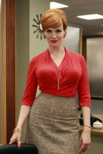 Christina Hendricks wearing tight red blouse as Joan Harris Mad Men 8x12 photo