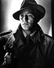 Robert Mitchum in trench coat & hat gun film noir Out of The Past 8x10 photo