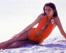 Caroline Munroe scorching pin-up in sheer cut red swimsuit on beach 8x10 photo