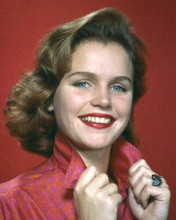 Lee Remick 1960's smiling studio portrait holding shirt collar 8x10 inch photo