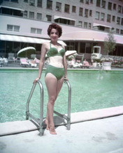 Linda Cristal 1960's glamour pose in green bikini by hotel pool 8x10 inch photo