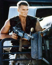 Dolph Lundgren in tough guy mode holding machine gun 8x10 inch photo