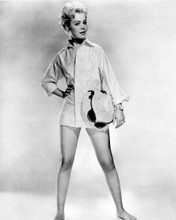 Sandra Dee leggy full pin-up pose wearing shirt holding sun hat 8x10 inch photo