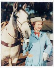 Dale Evans in blue western jacket smiles posing with horse Buttermilk 8x10 photo
