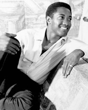 Sam Cooke handsome pose in white shirt smiling seated 8x10 inch photo