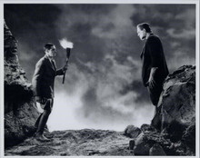 Frankenstein Colin Clive carries flame torch toward Boris Karloff as The Monster