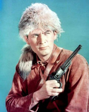 Fess Parker as TV's Davy Crockett holding up pistol 8x10 inch photo portrait