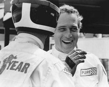 Paul Newman smiling talking to drivers on race track 8x10 inch photo