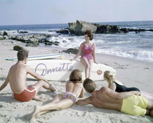 Annette Funicello in pink swimsuit on beach sits on Annette surfboard 8x10 photo
